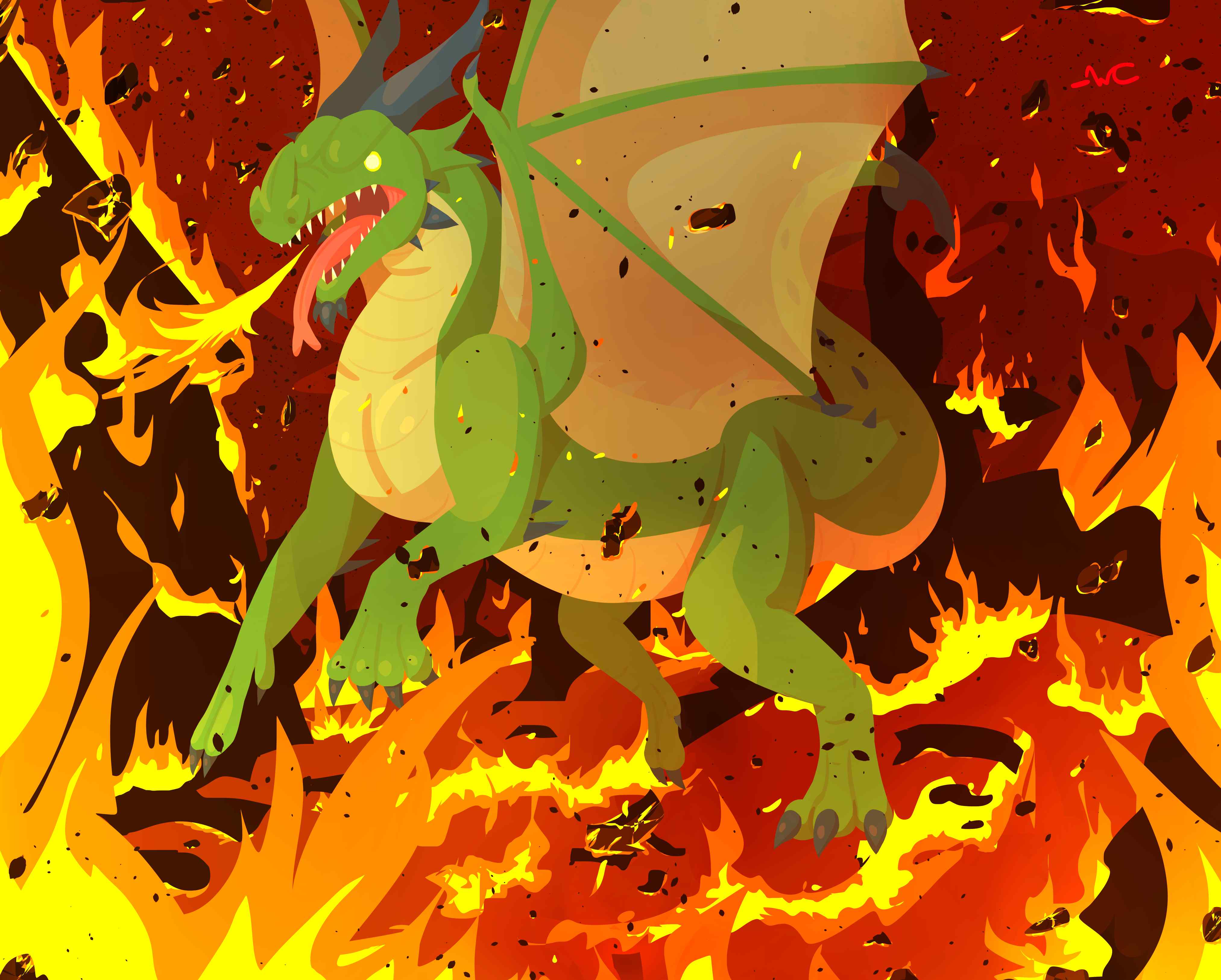 A lineless digital piece of a green dragon breathing fire and rampaging through a burning village.